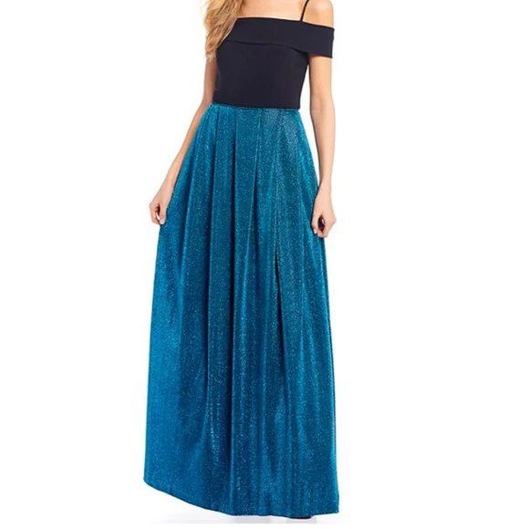 Morgan & Co. | Dresses | Morgan Co Womens Black Teal Glitter Off Shoulder Formal  Prom Dress Gown 7 | Poshmark